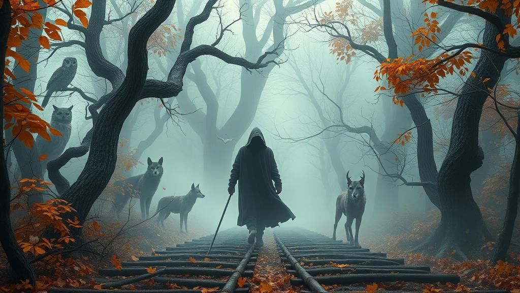 Eerie Forest Wanderer with Watching Animals