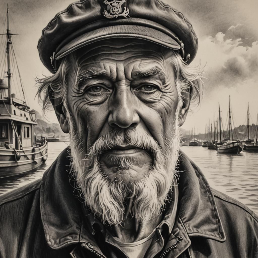 Detailed Charcoal Portrait of Old Sailor on Docks