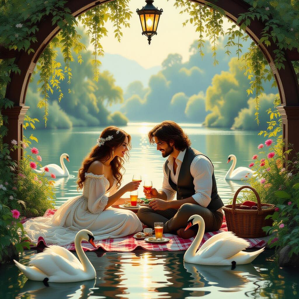 Romantic Picnic of Leo Woman and Aries Man by Lake
