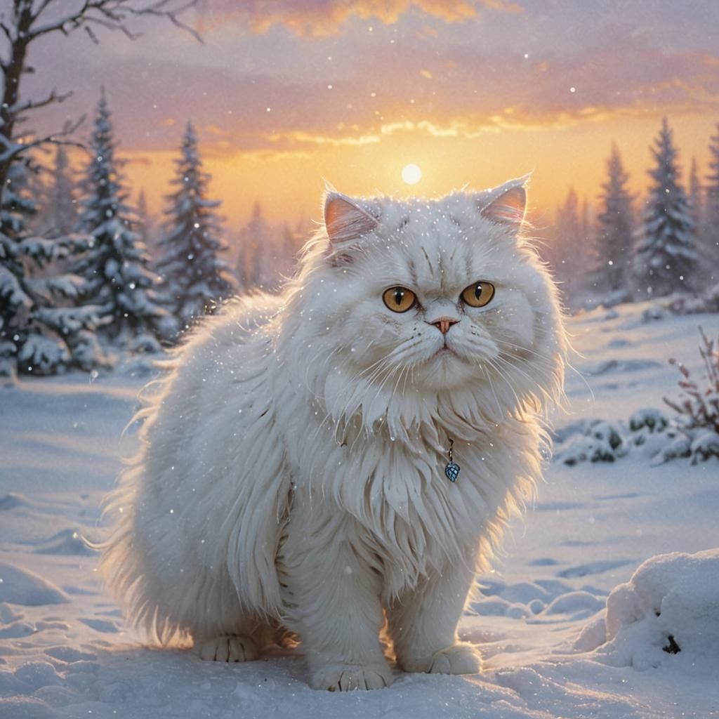 Whimsical Morning Sunrise with Happy Cat in Snowy Fantasy La...