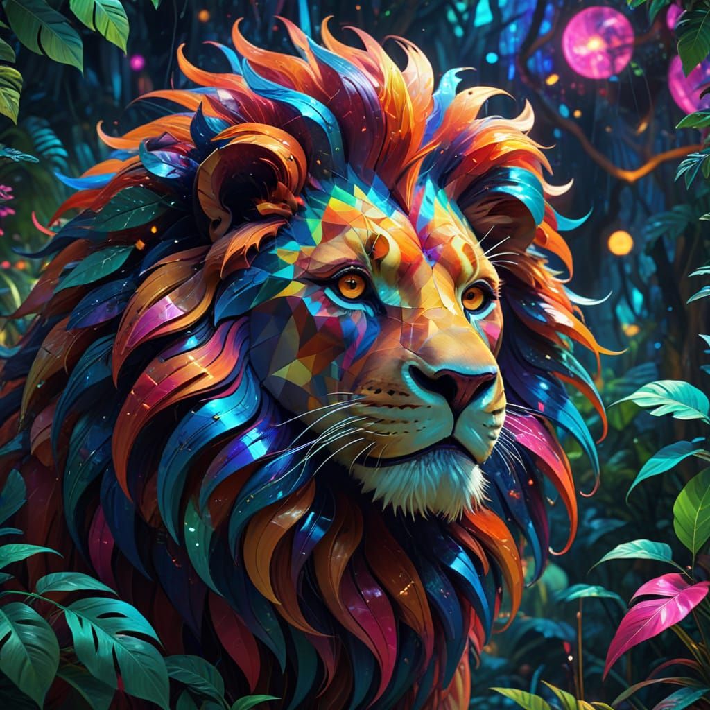 Vibrant Cubist Lion in Jungle Concept Art
