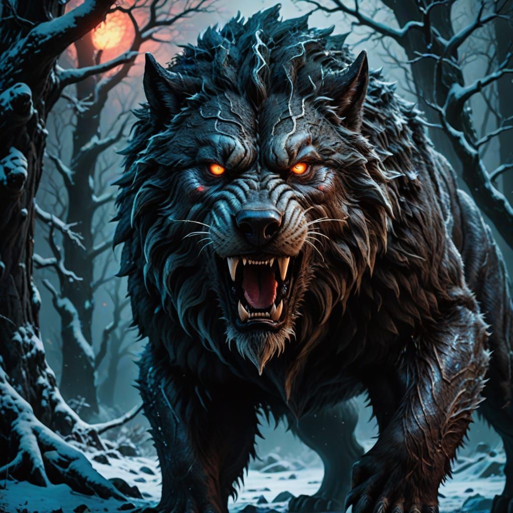Icy Beast Howls in Dark Fantasy Art