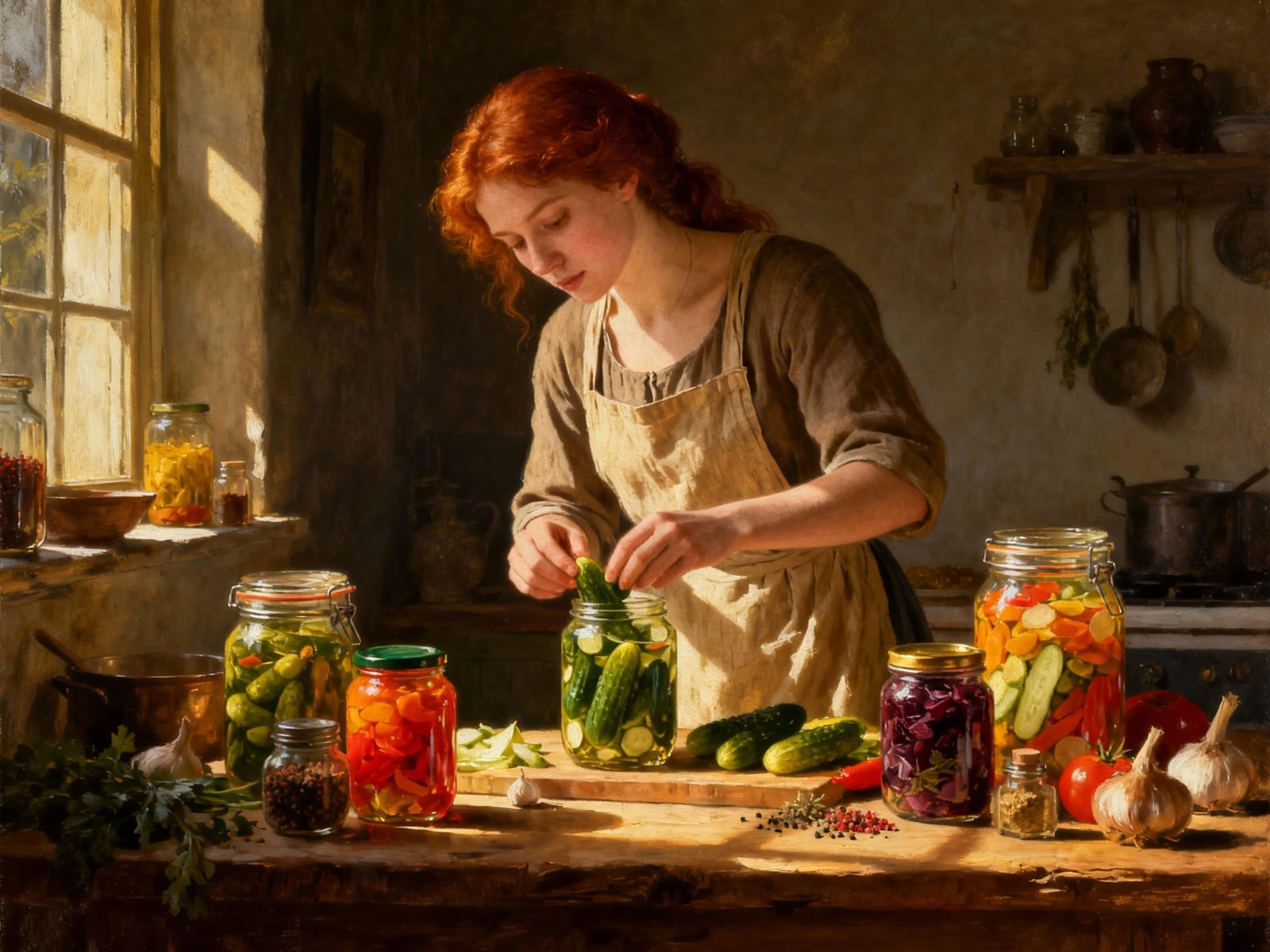 Painterly Realism: Woman Making Pickles in Sunlit Kitchen
