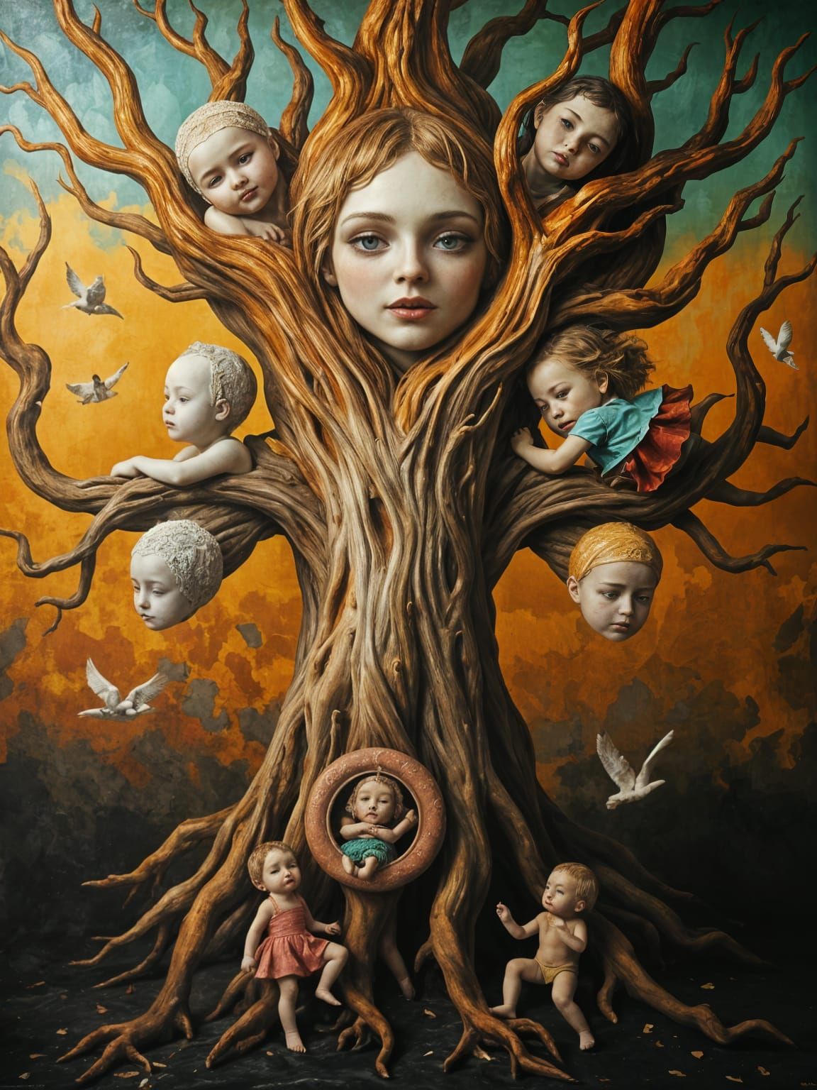 Mother Tree Embracing Diverse Figures in Warm Expressionist ...