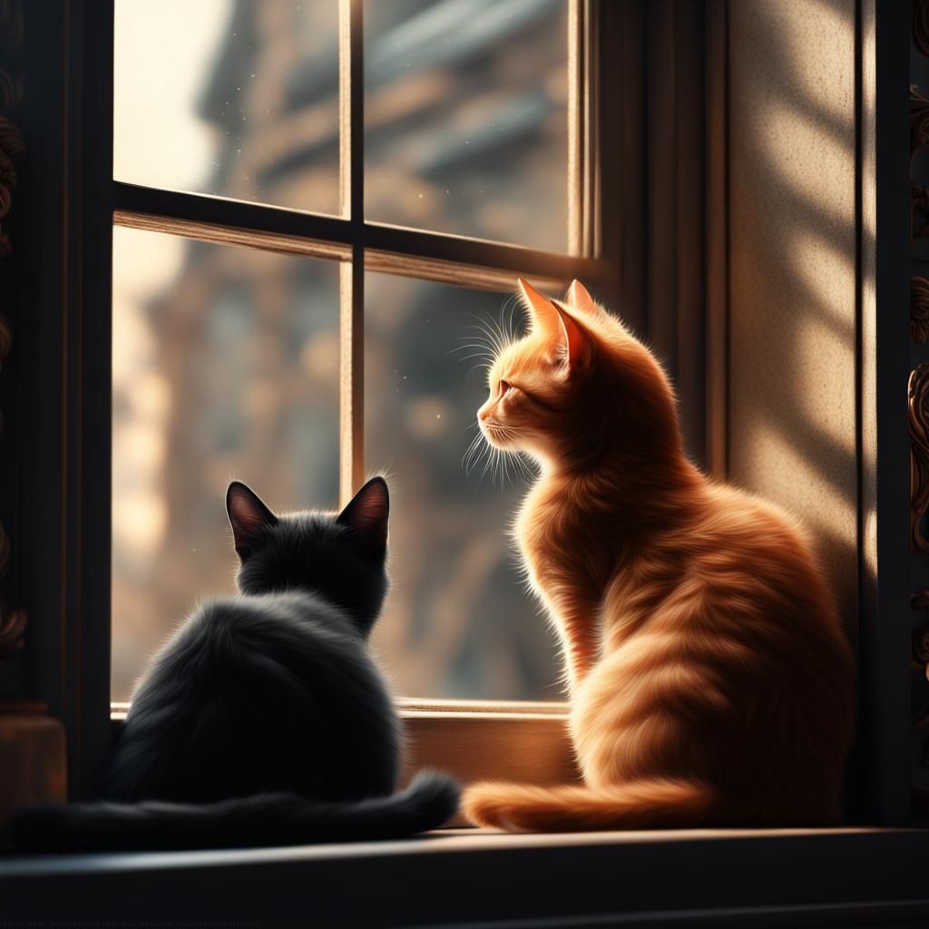 Black and Ginger Kittens Look Out Window