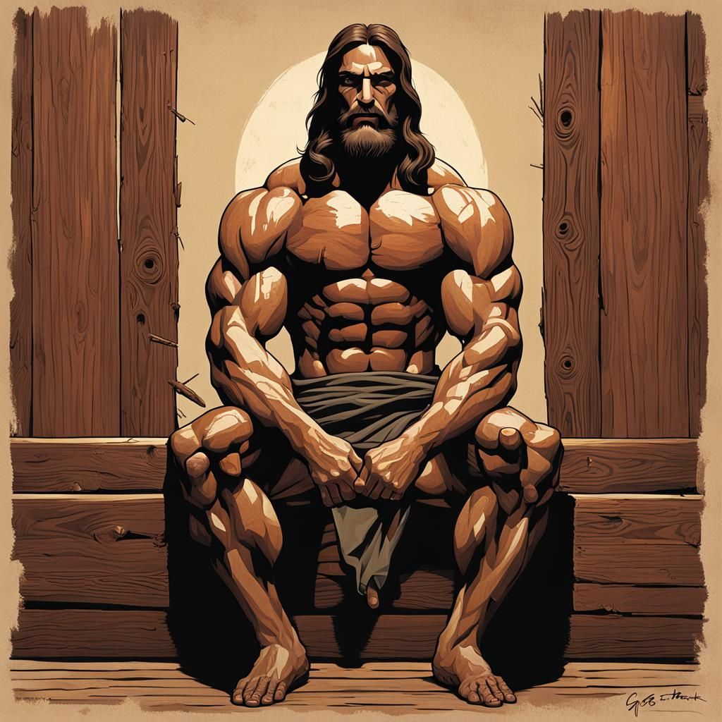 Muscular Wooden Jesus: A Sinister Digital Painting