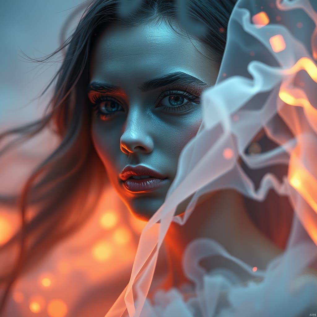 Ethereal Ghost Woman in Glowing Fog: Hyperrealistic Portrait
