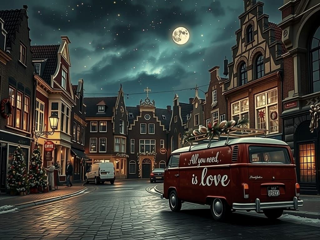 Whimsical Dutch Christmas Nightscape with Vintage Van