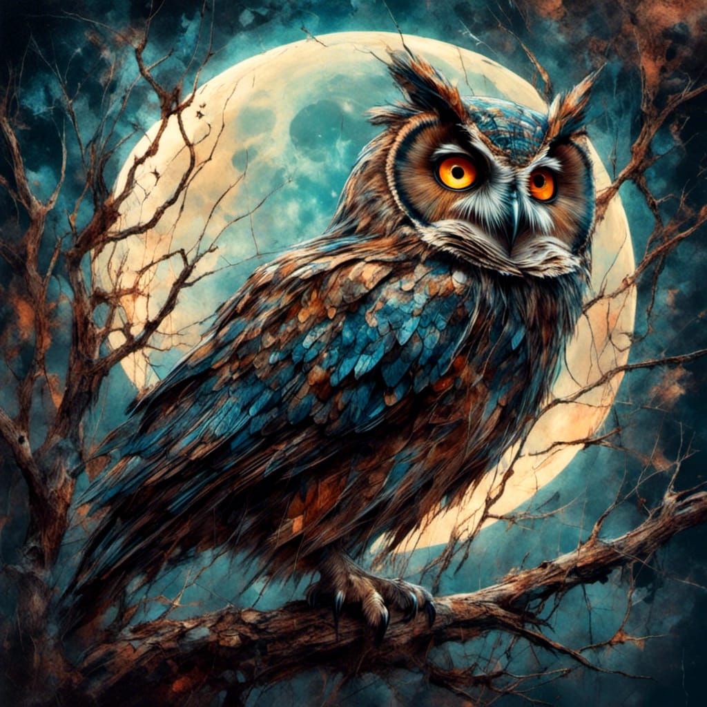 Iridescent Owl in Starry Night, Splash Art