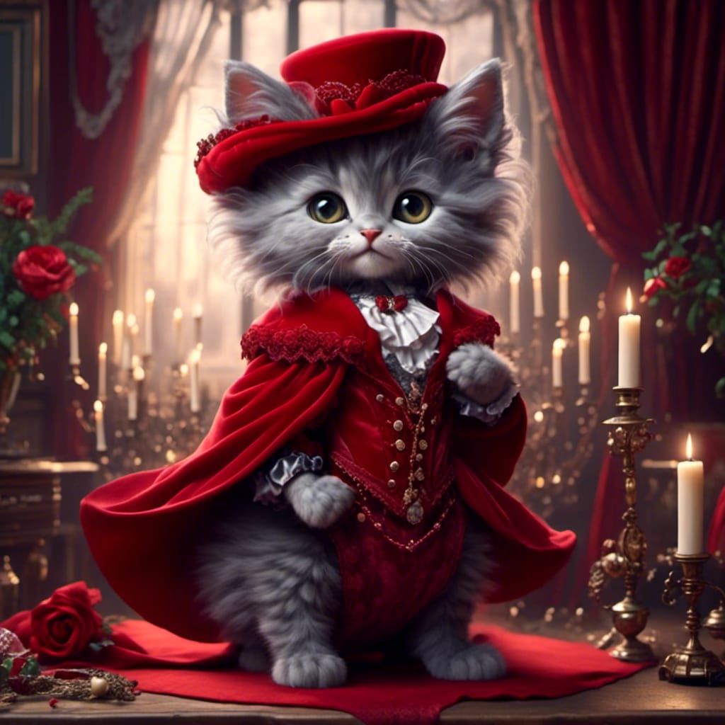 Anthropomorphic Kitten in Red Velvet Victorian Gown