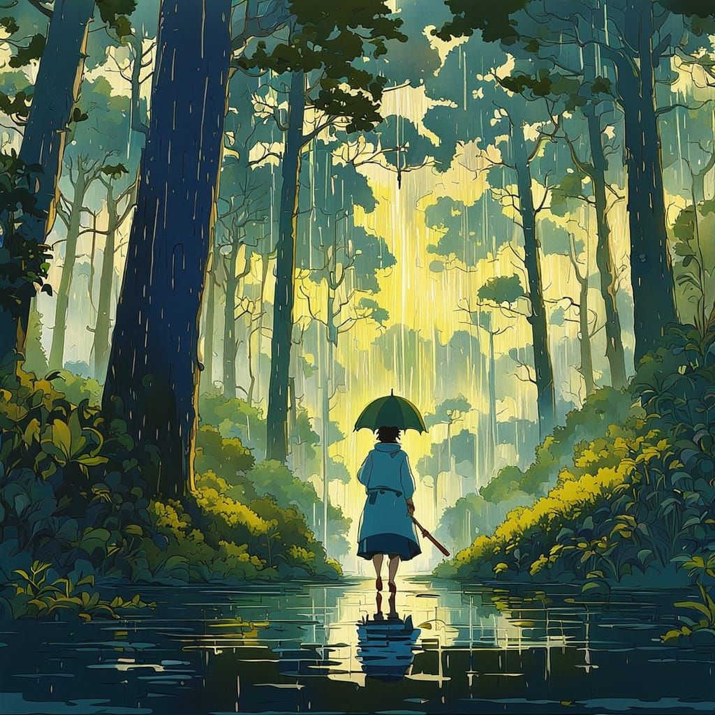 Surreal Rainy Forest Scene in Makoto Shinkai Anime Style