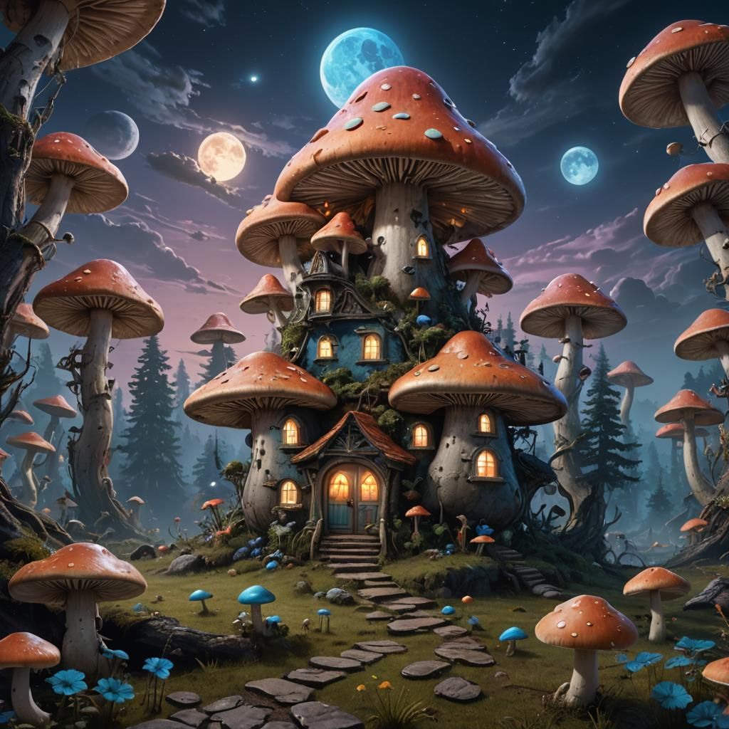 Cat and Mushroom House in Dark Fantasy Style