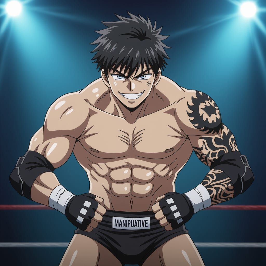 Anime Wrestler with Tattoo Sleeve and Mischievous Smile