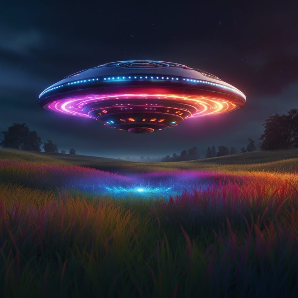UFO in Grassy Field: Fantasy Concept Art