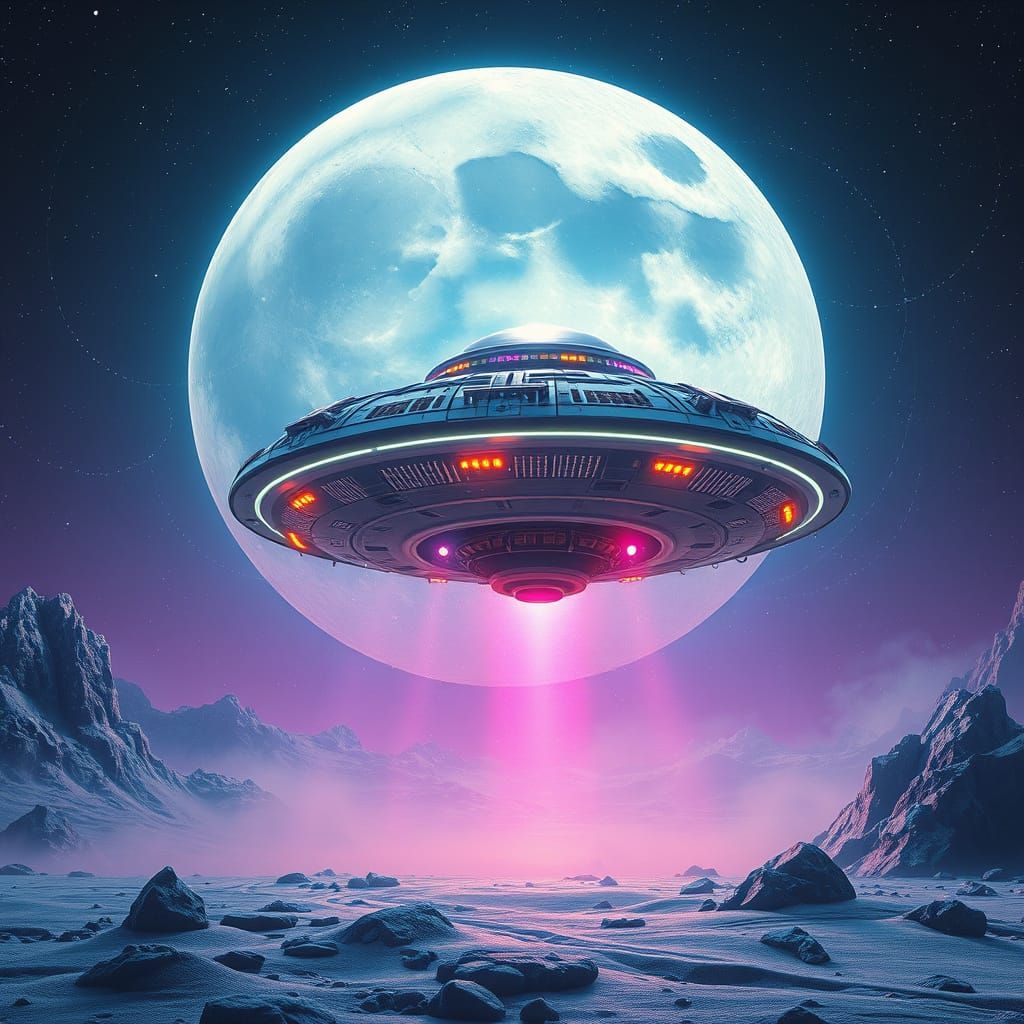 Ethereal UFO Lands on a Deep Blue Moon in a Fantastical, Mat...