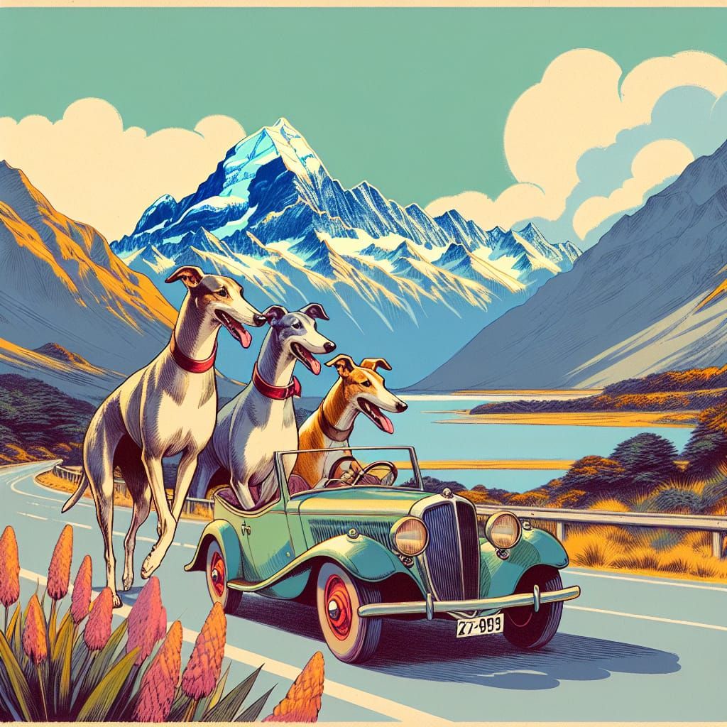 Greyhounds' Whimsical Road Trip in Mid-Century Poster Style
