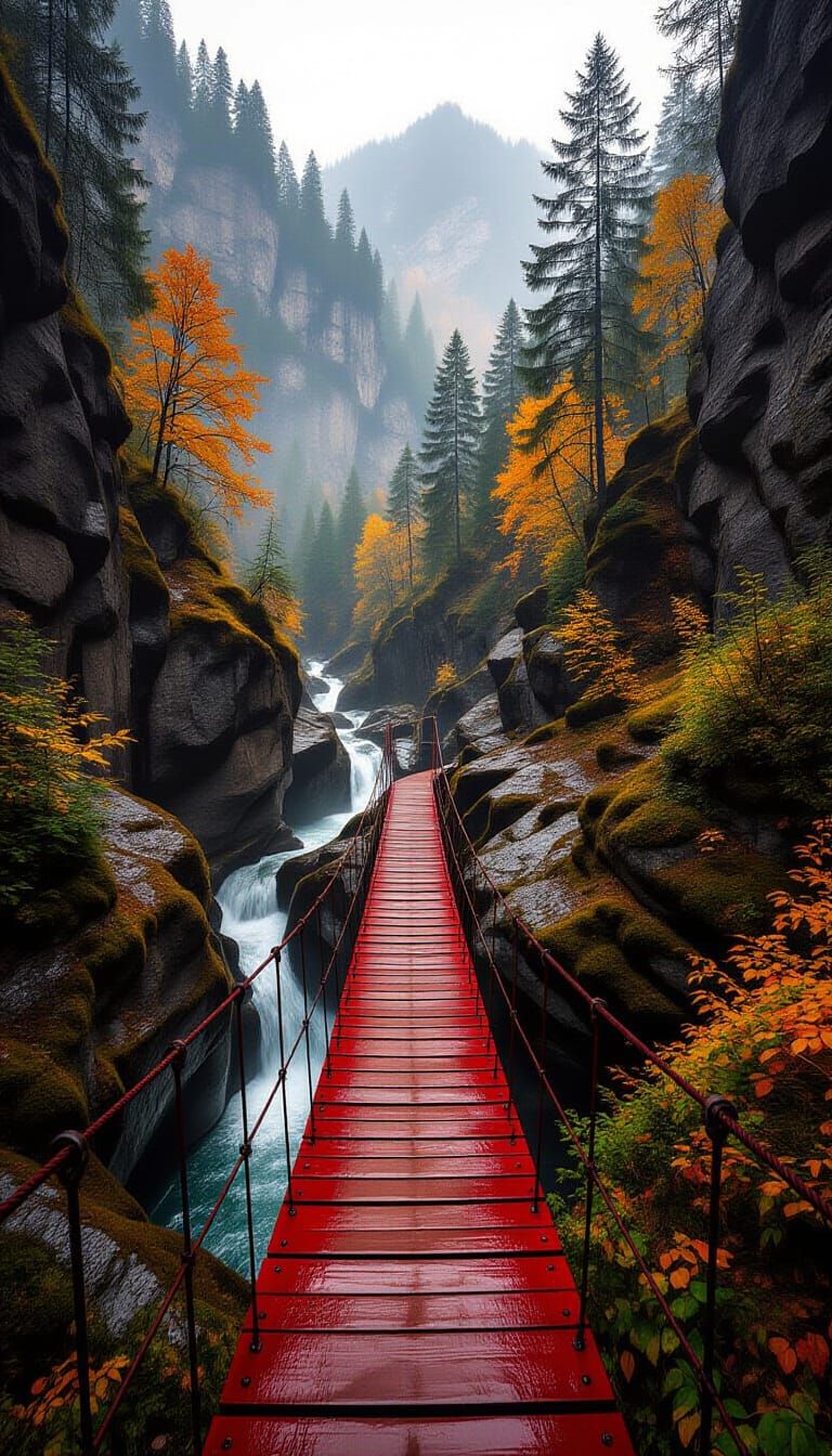 Autumn Mountain Gorge Bridge in Misty Light