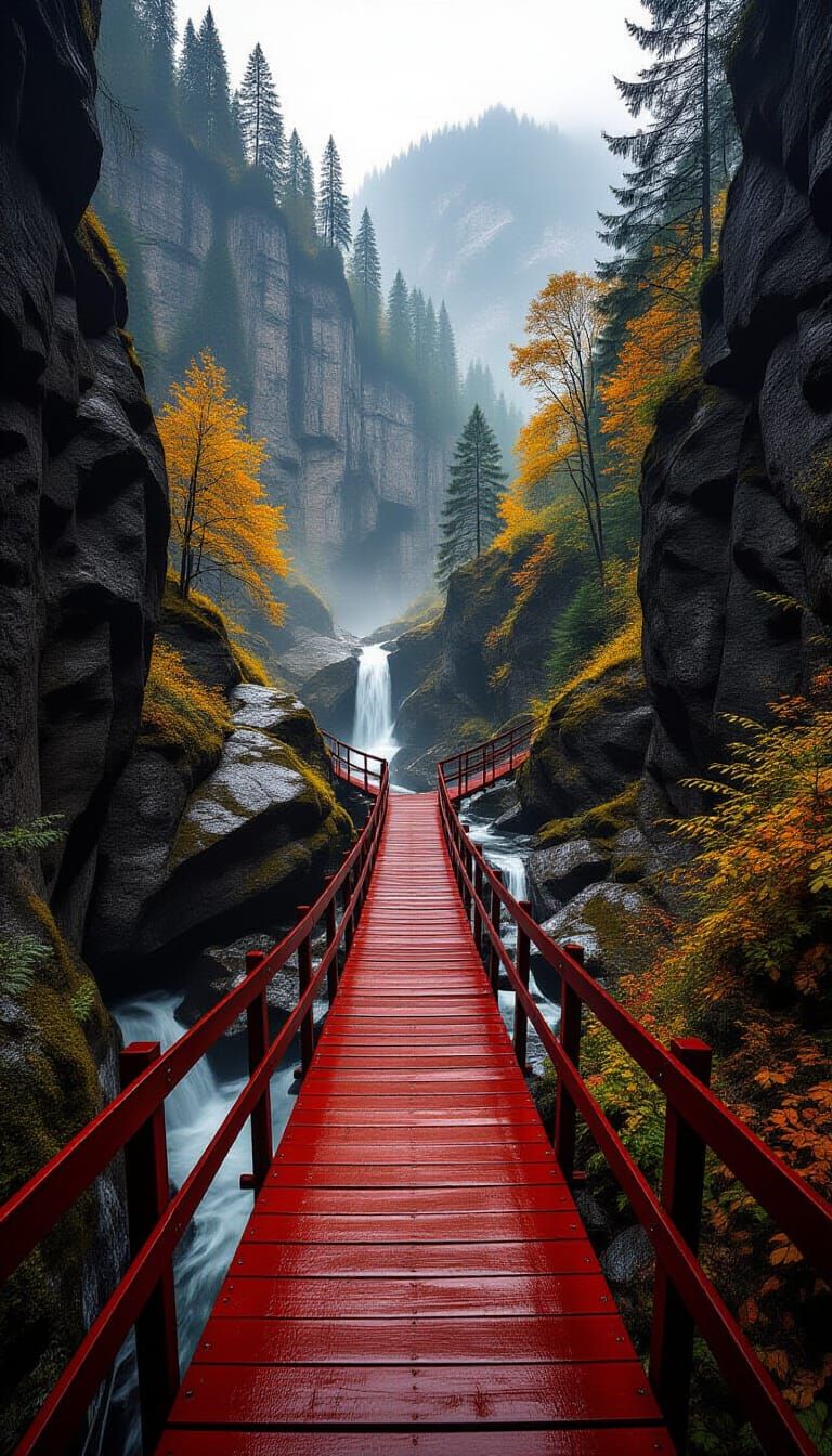 Autumn Mountain Gorge Bridge in Misty Ravine