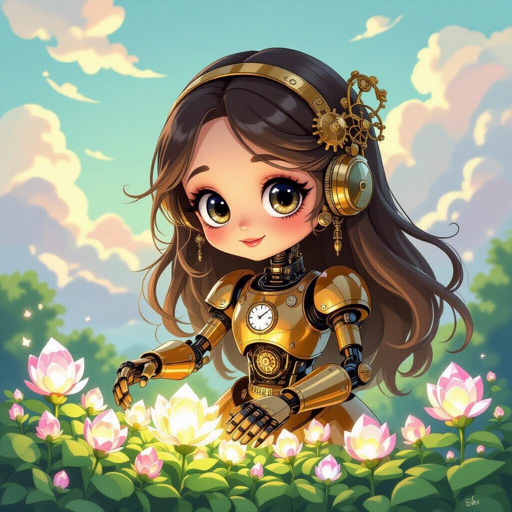 Cute Brass Automaton Tends Crystal Garden on Floating Island