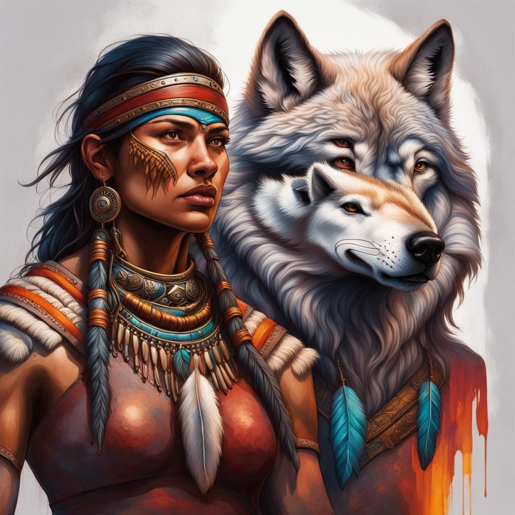 Wolf and Native American Woman Warrior in Splash Art