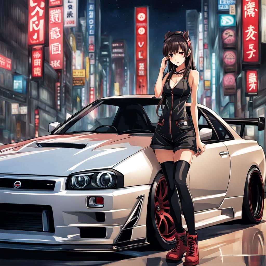 Nissan Skyline GTR with Girl in Anime Style