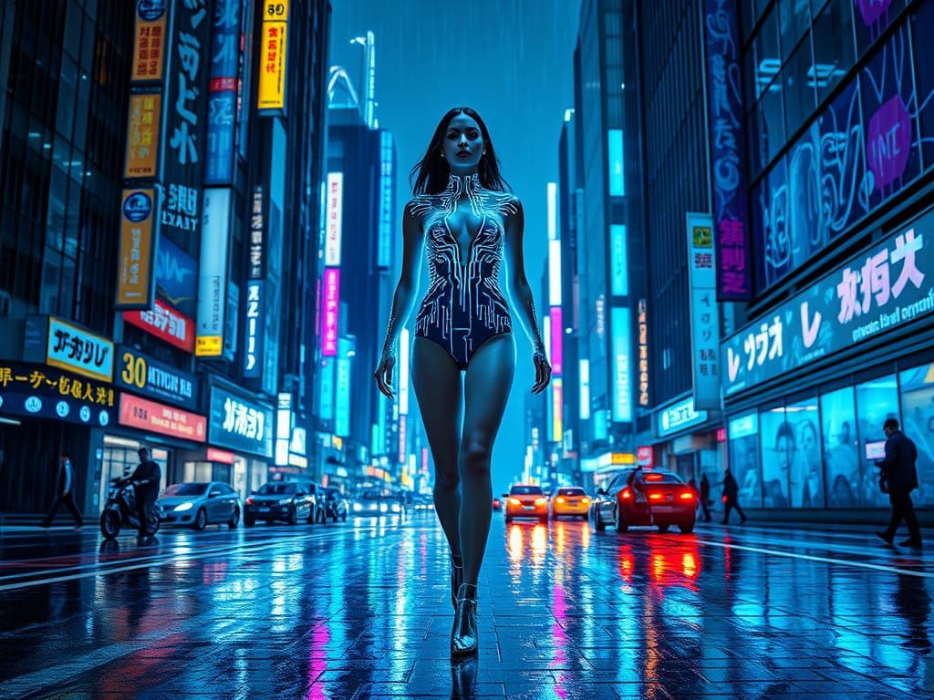 Cyberpunk Goddess Strides Tokyo Runway in Neon Noir