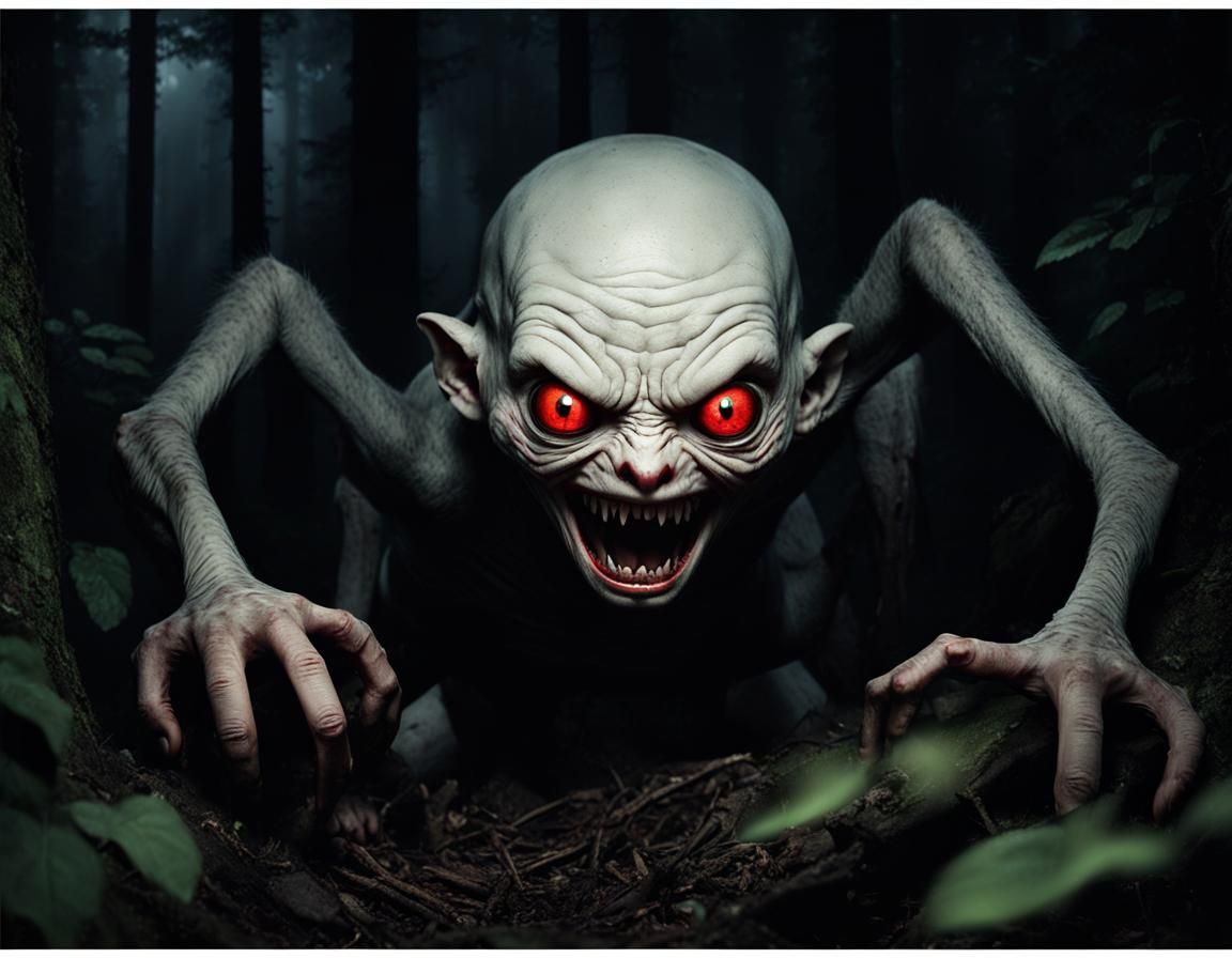 Frightening Creature Crawling in Dark Forest