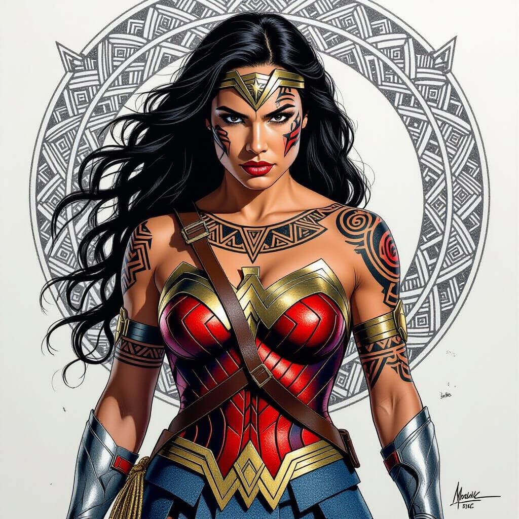 Maori Tattooed Wonder Woman in Dynamic Charcoal Drawing