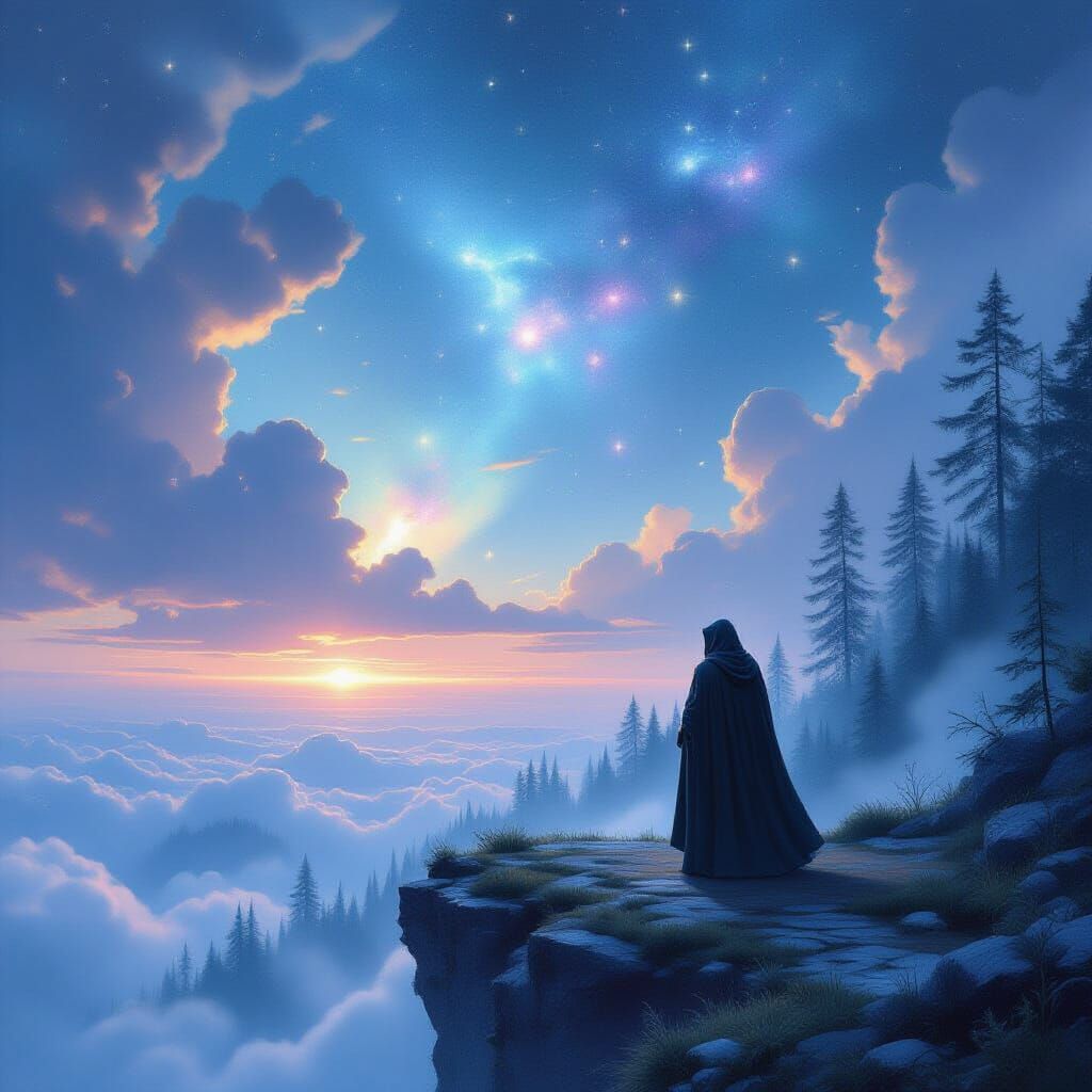 Lone Figure Overlooks Nebula Sky Amidst Shimmering Crystal F...