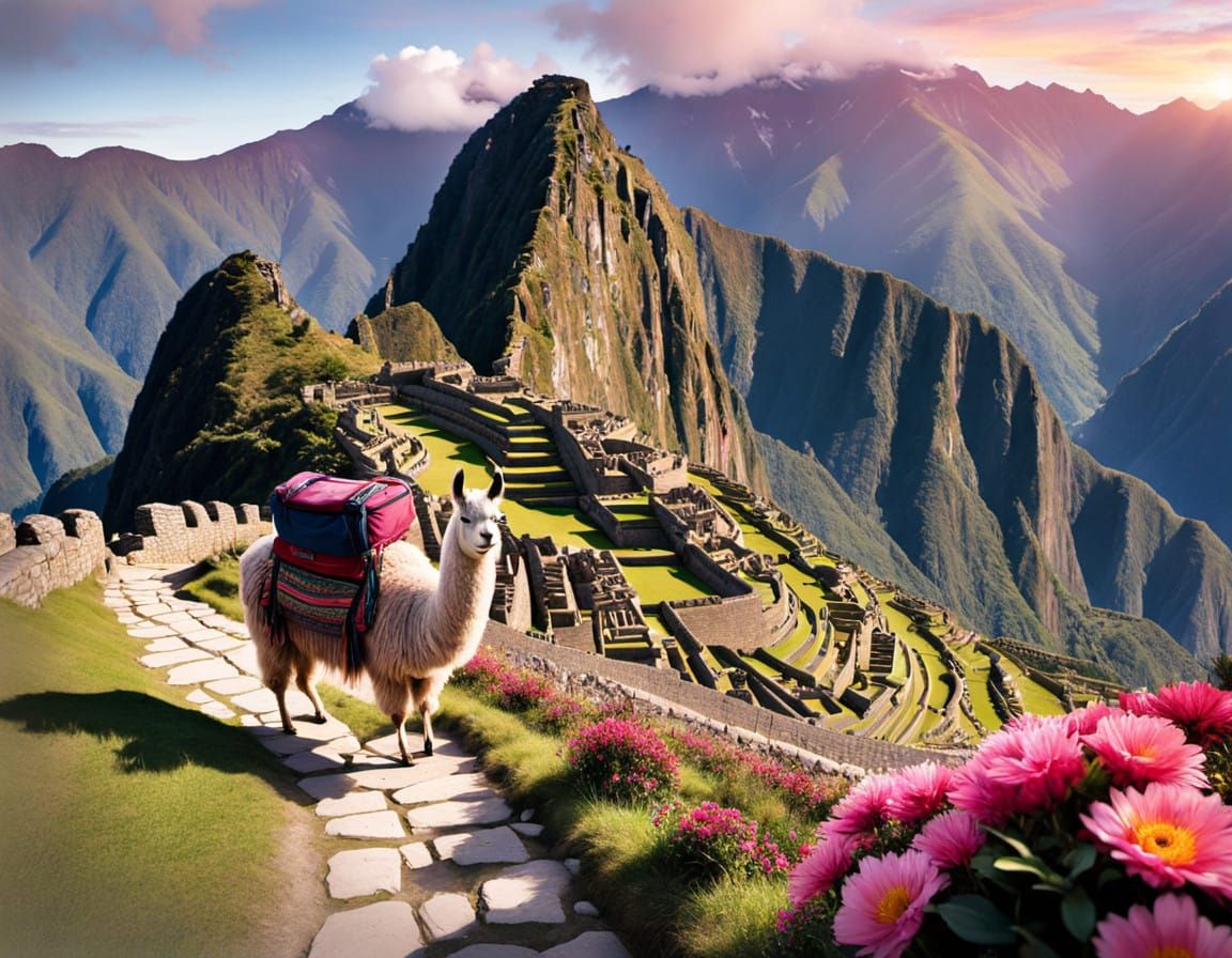 Llama climbing to Machu-Picchu