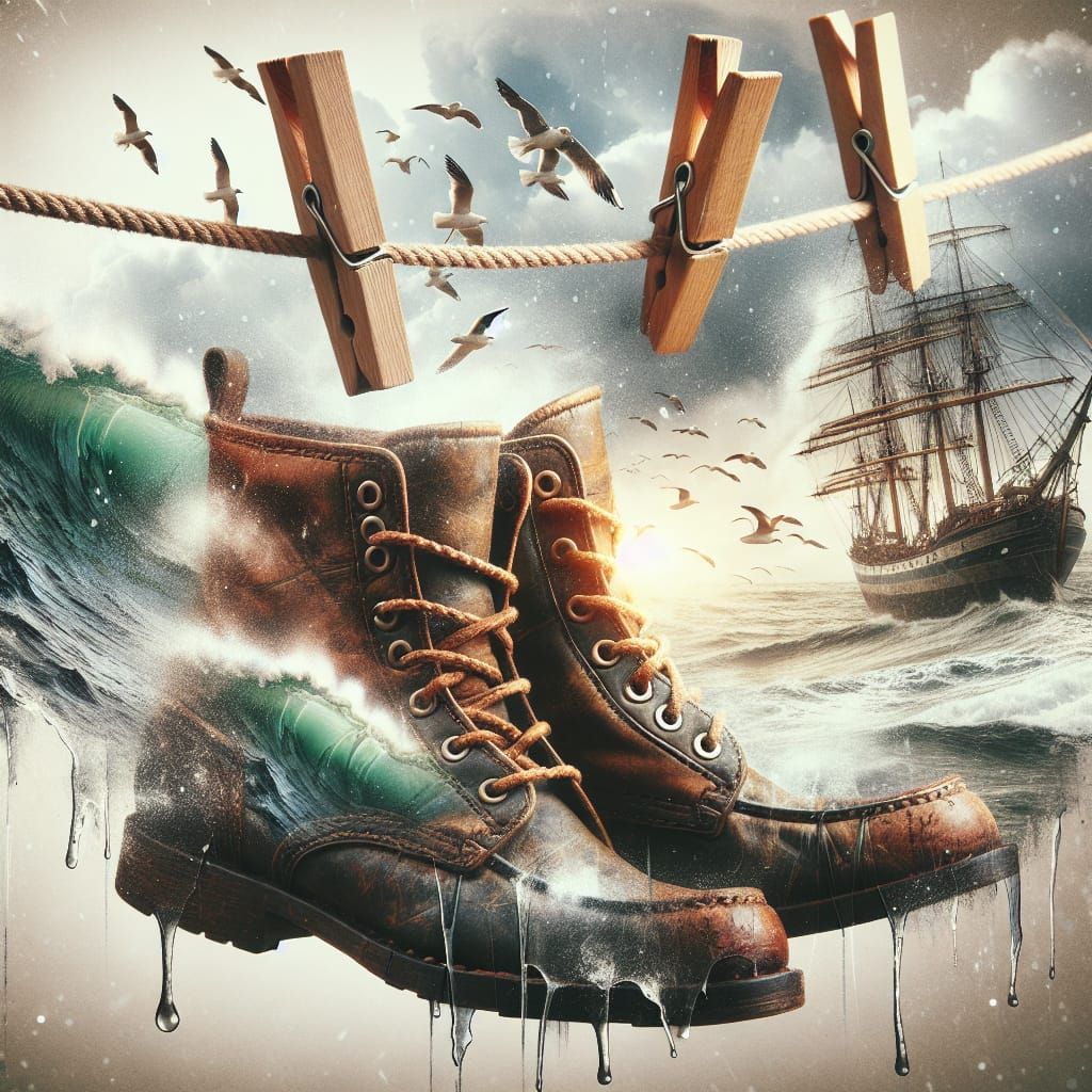 Double Exposure of Deck Boots and Ocean Waves