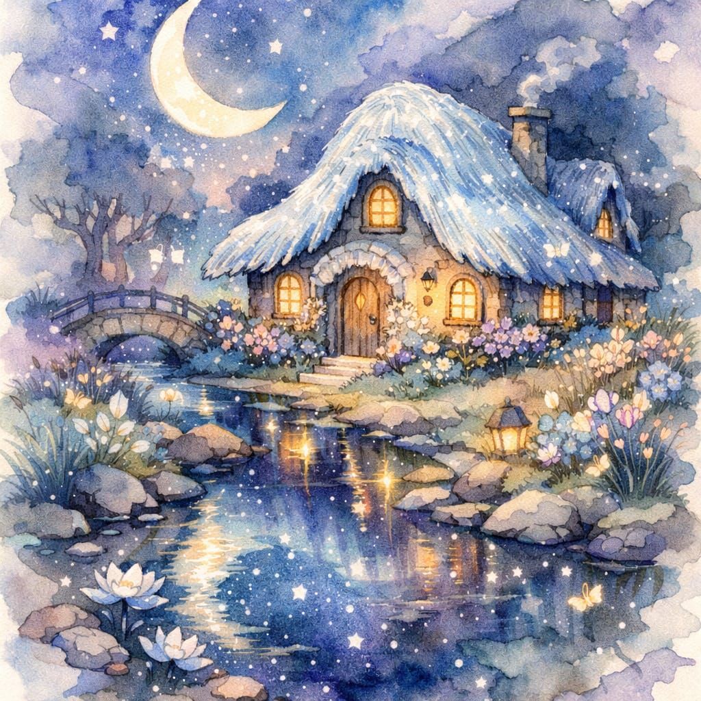 Moonlight Cottage by Starry Stream in Alcohol Ink Style