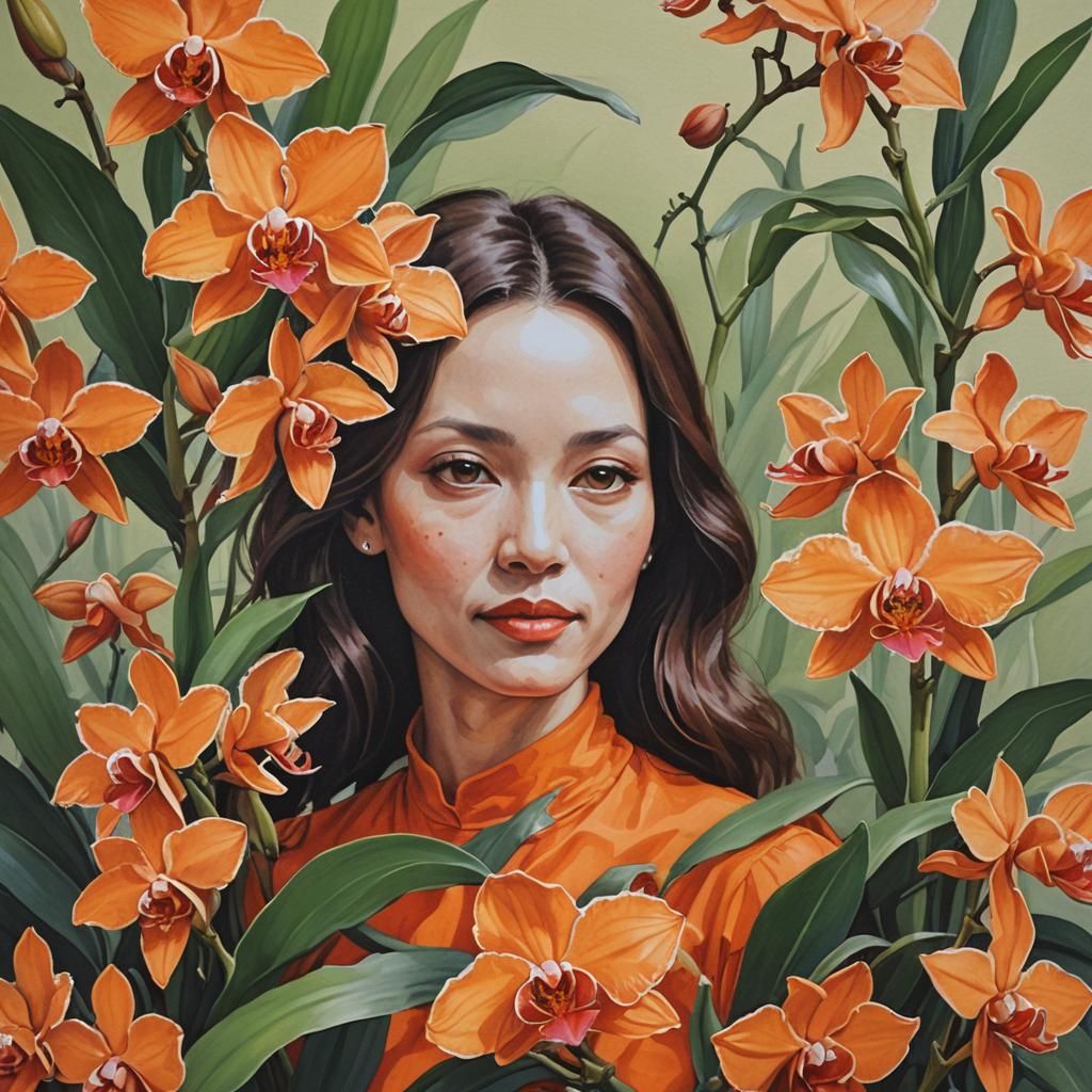 Woman in Orange Amidst Orange Orchid, Gouache Painting