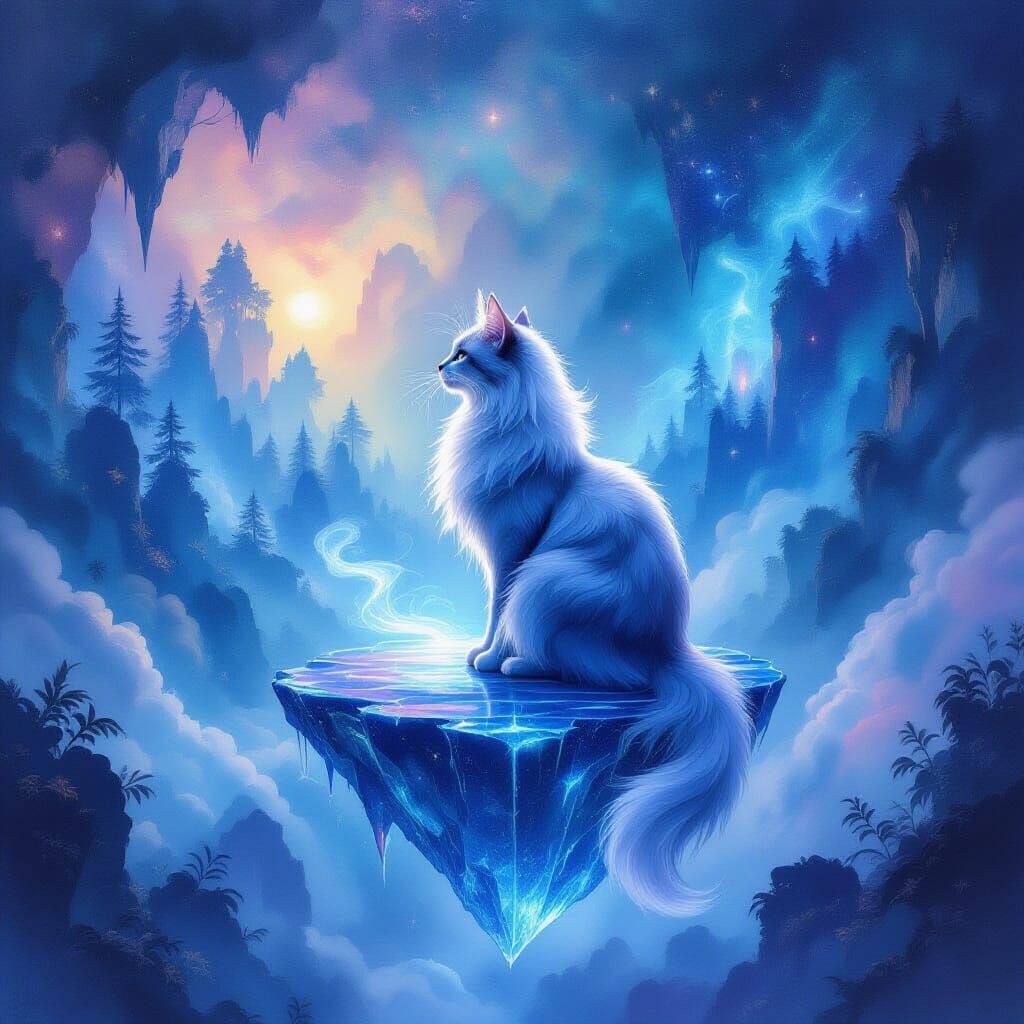 Ethereal Cat on Crystal Island Amidst Cosmic Dream