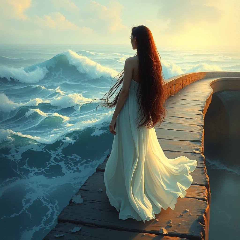 Serene Woman on a Worn Stone Bridge