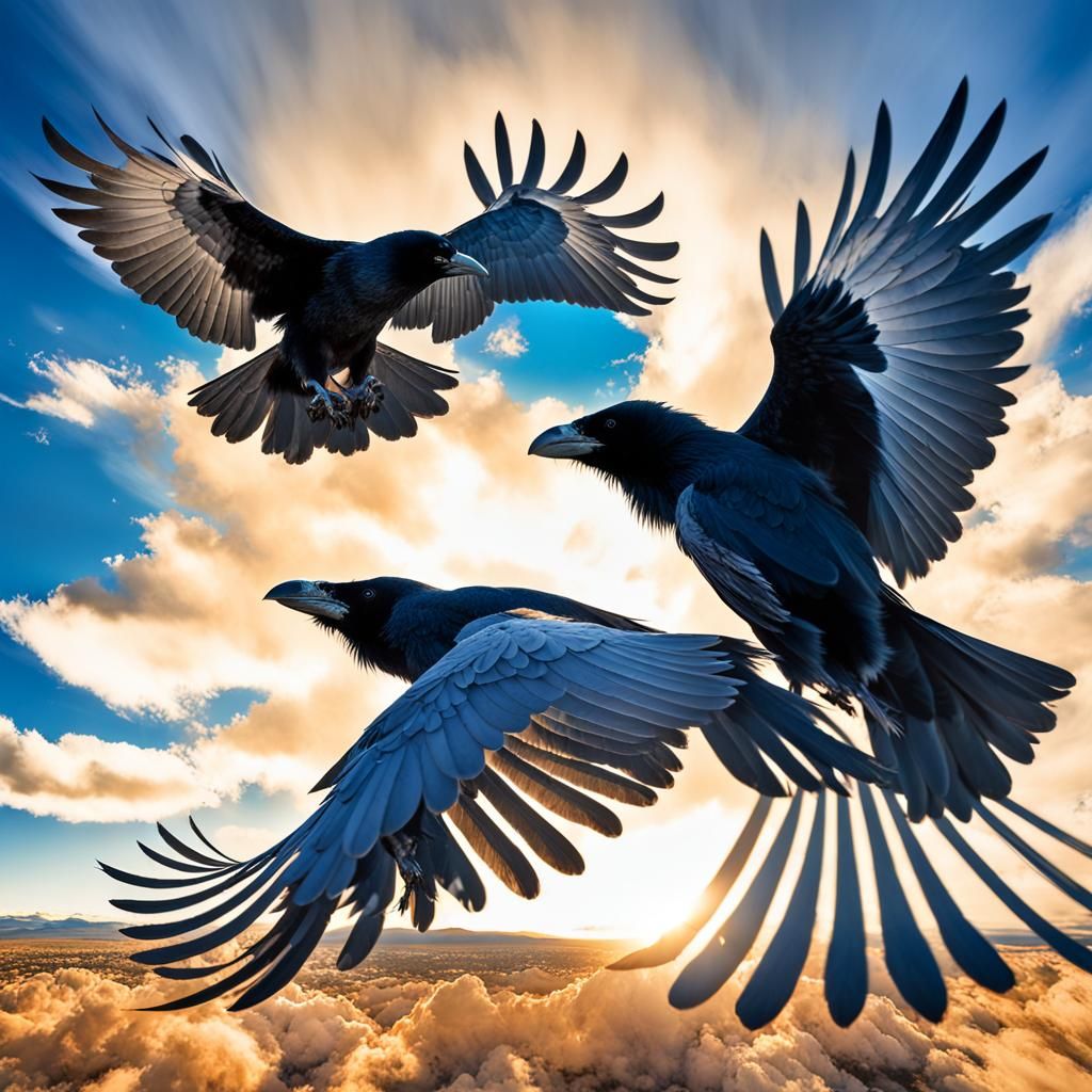 Hyper-Realistic Ravens in Flight Over New Mexico Sky