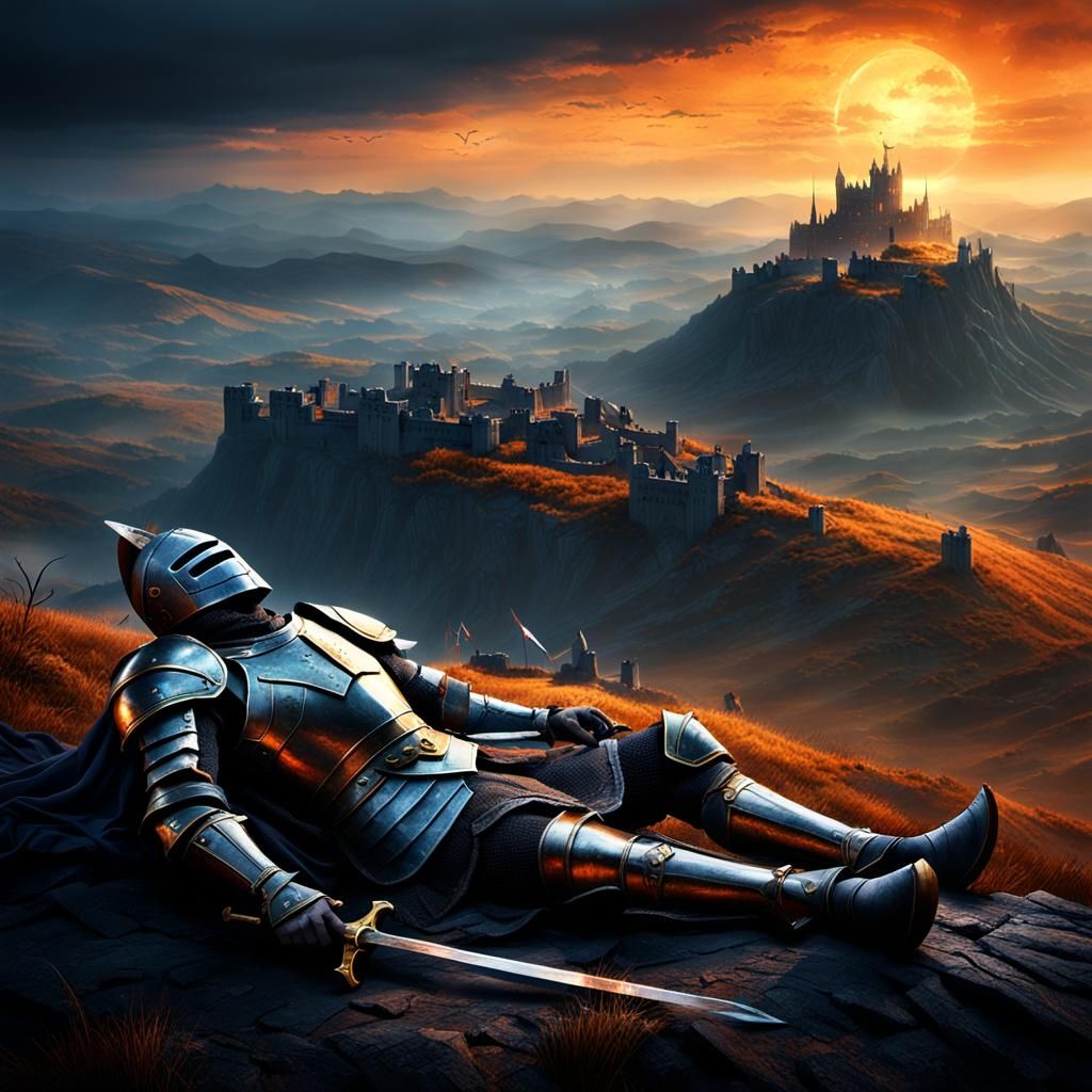 Dying Knight on Hill in Dark Fantasy Landscape