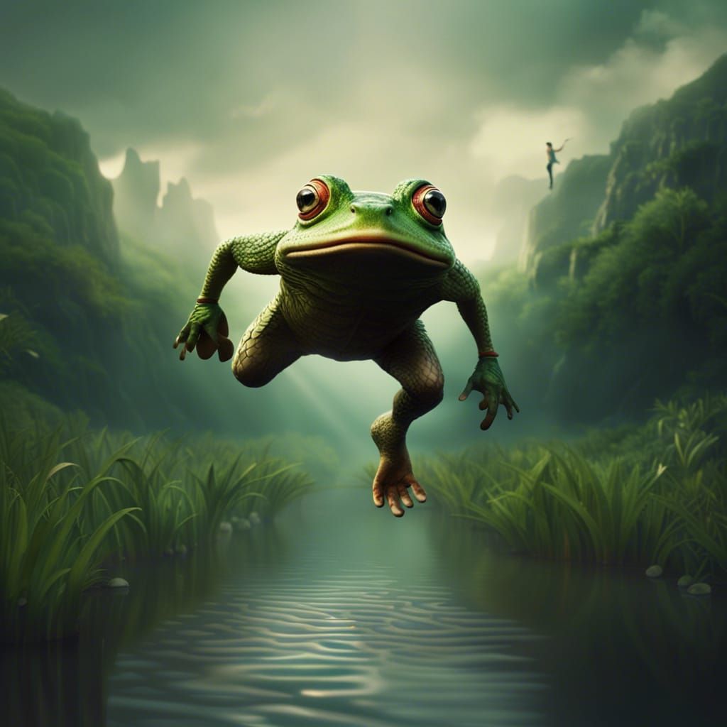 Frog-Headed Human Diving Into Pond: Digital Matte Painting