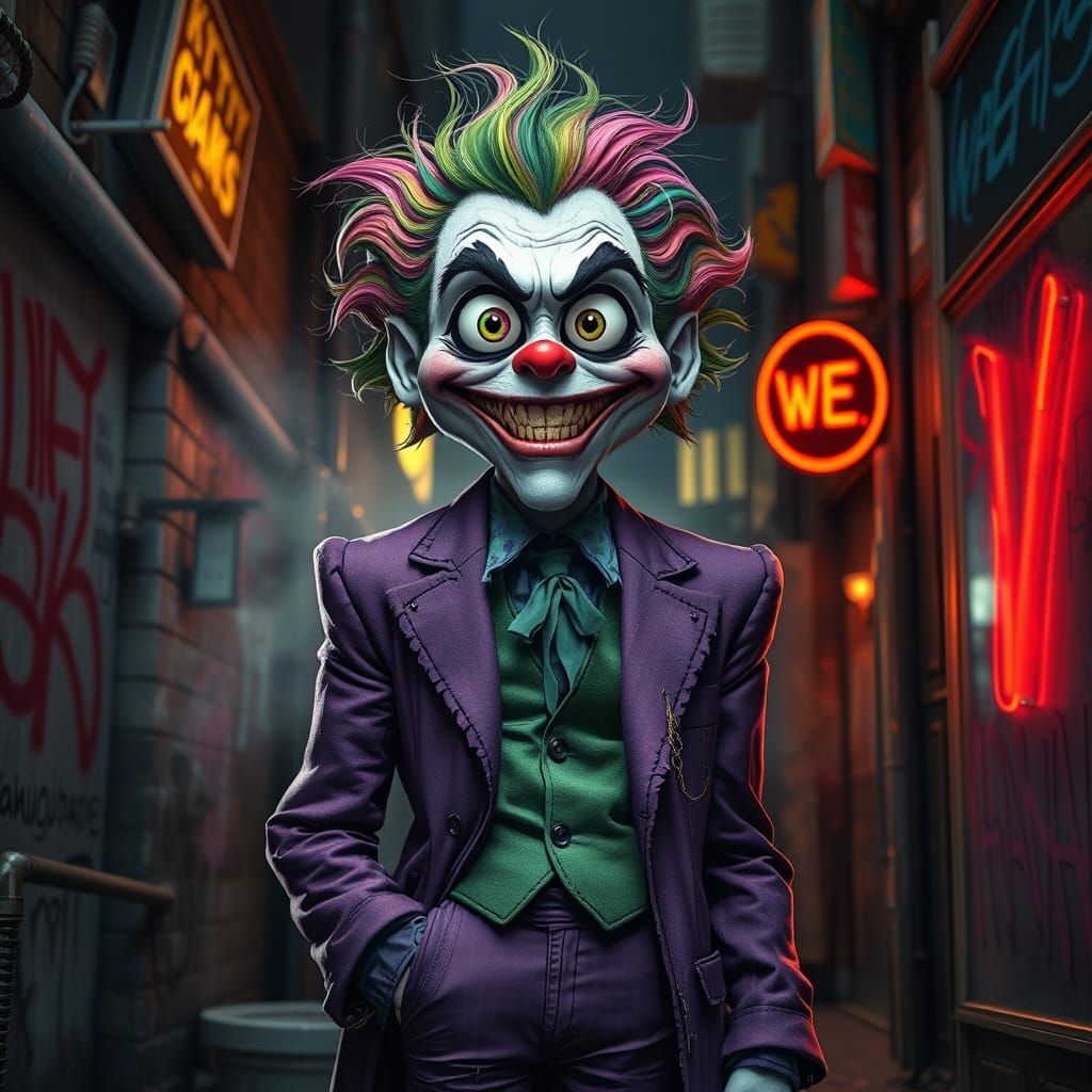 Rainbow Joker in Gothic Alleyway: AI Generated Image