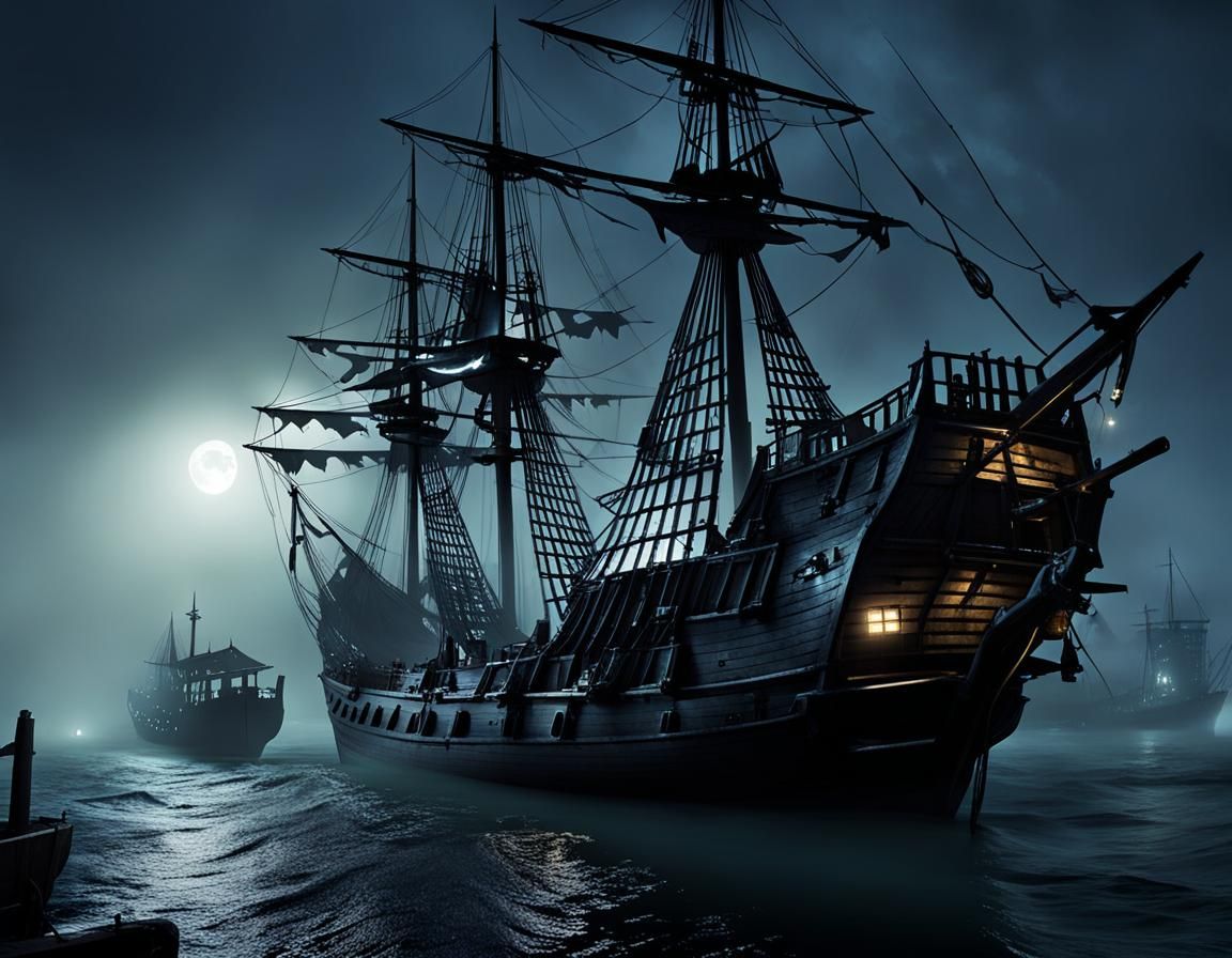 Undead Pirate Ship in Dense Fog
