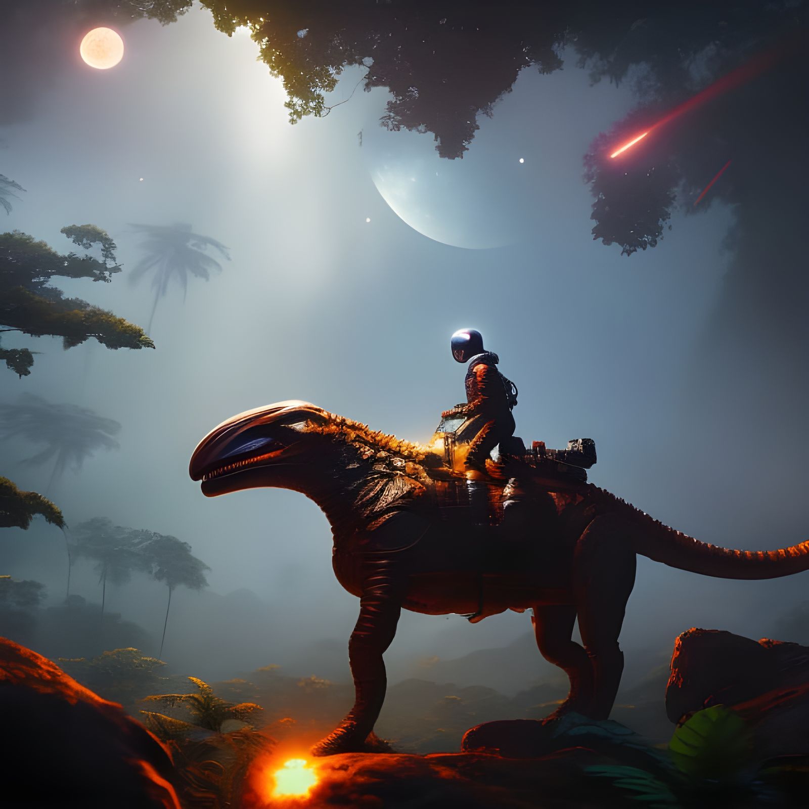 Astronaut Dinosaur Ride in Tropical Jungle, Oil Painting