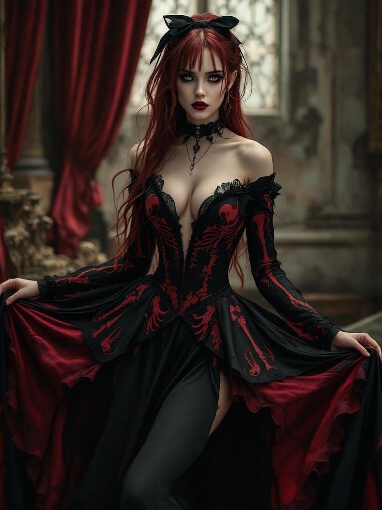 Gothic Woman in Black and Red Dress