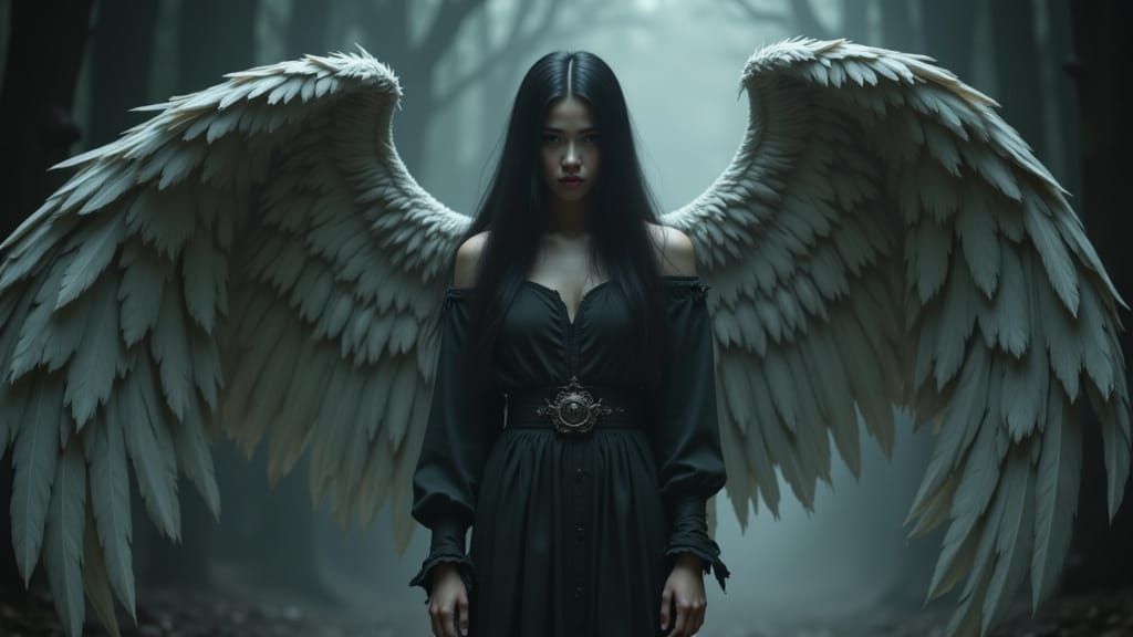 Dark Angel in Tattered Robes with Spread Wings