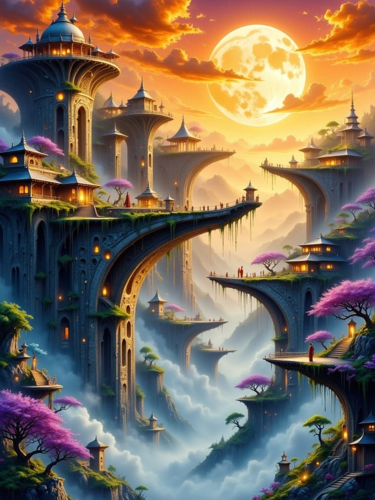 Ancient Arabic City on Stone Pillars in Dreamlike Ink Wash S...