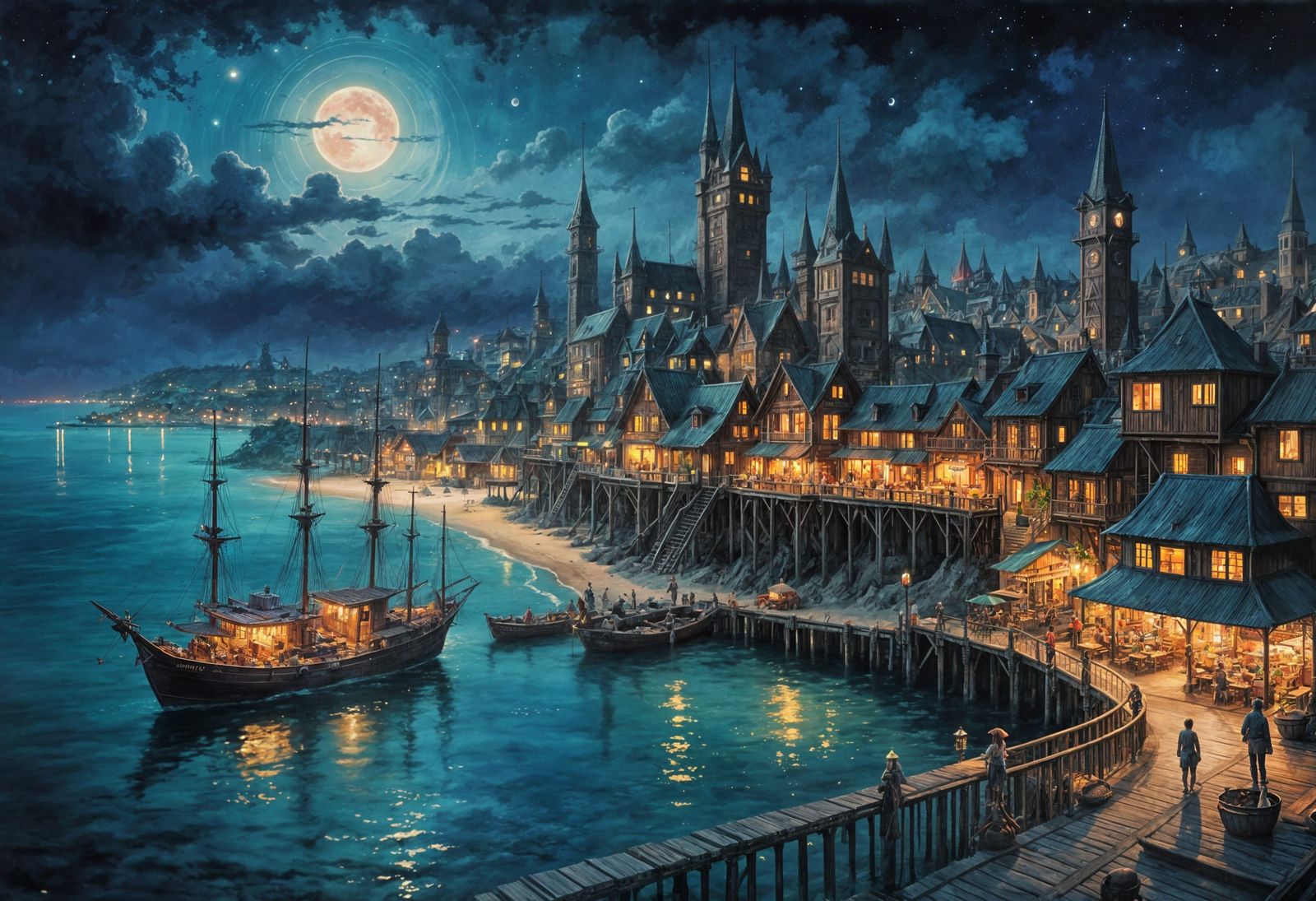 Enchanted Steampunk City Overlooking Beach Harbor