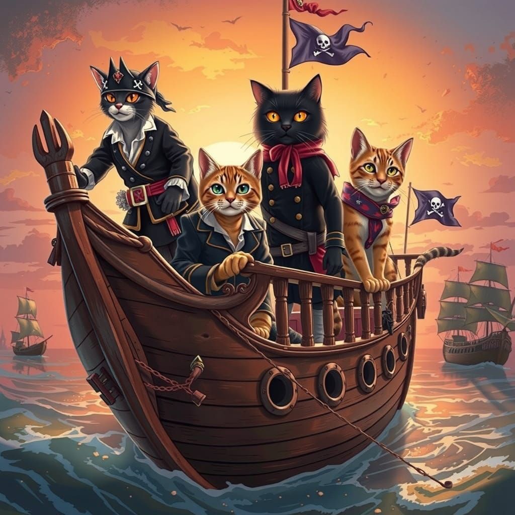 Anime Style Pirate Cats on Sunset Ship
