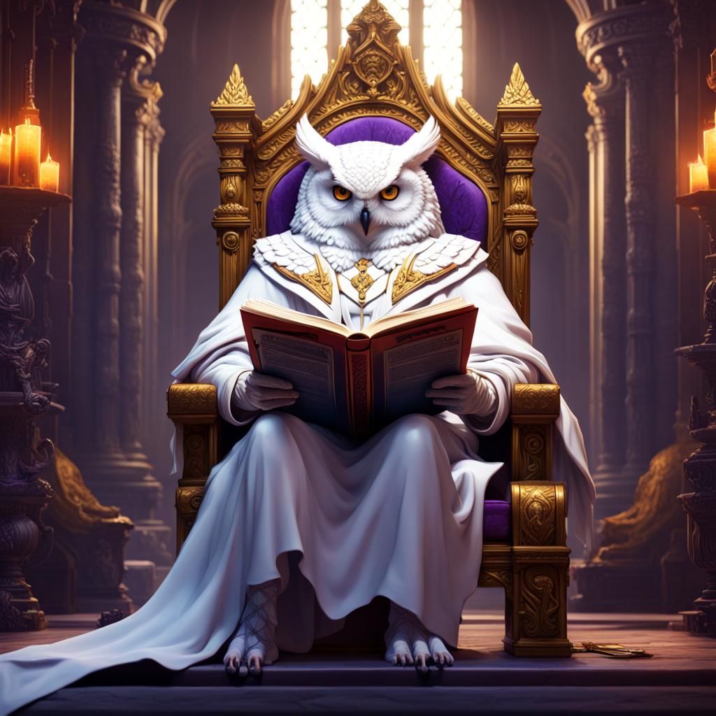 Great Horned Owl Reader in Dark Fantasy Style
