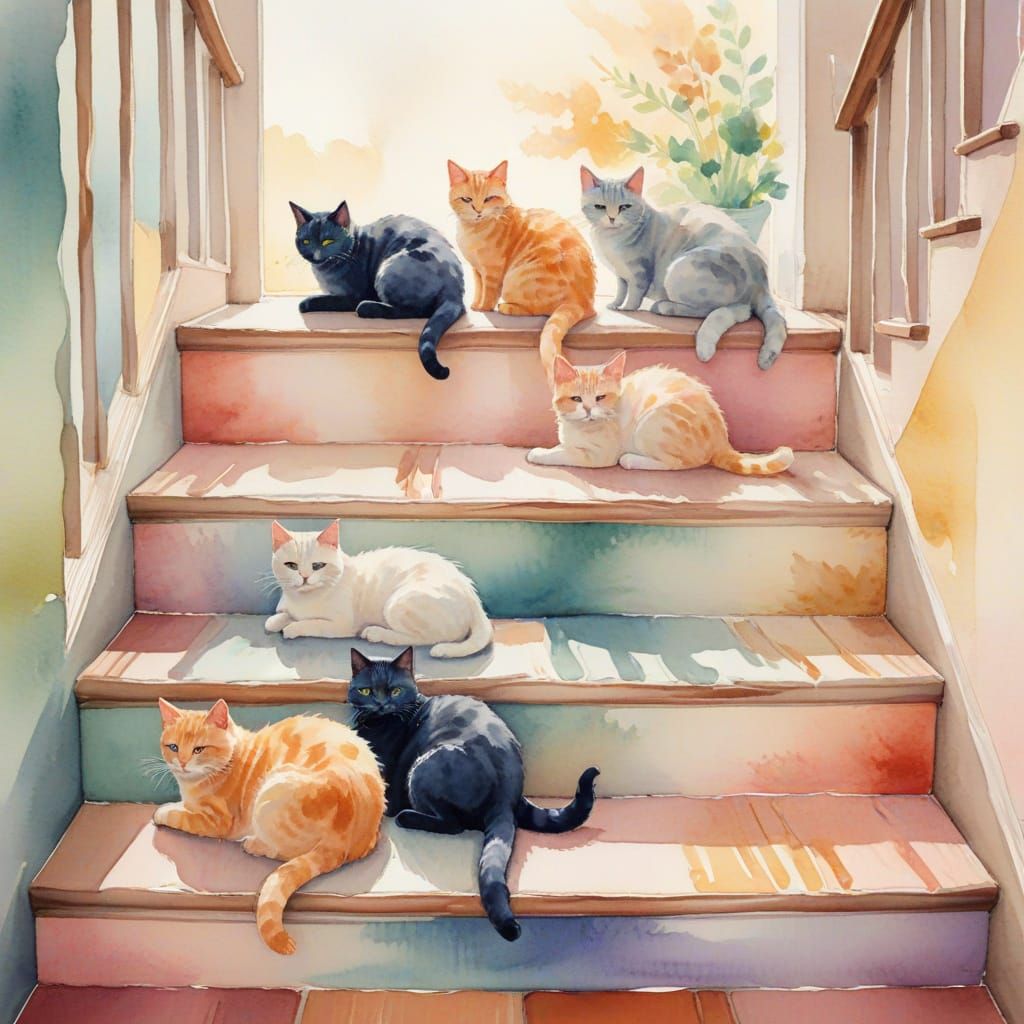 Cats Napping on Staircase in Watercolor Style