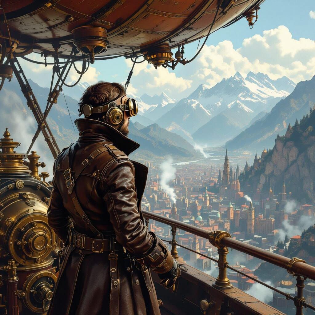 Steampunk Airship Captain Over Victorian Cityscape