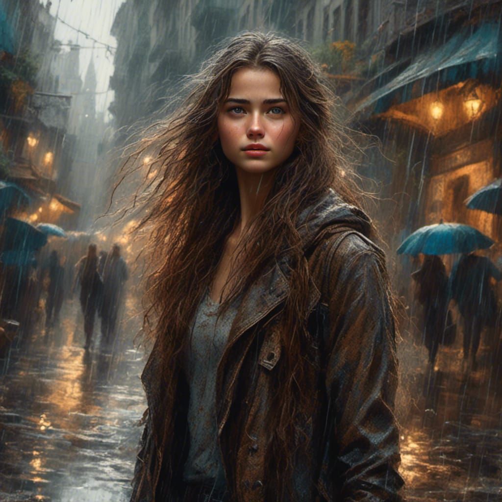 Girl in Rainy Cityscape with Chalk Art Style